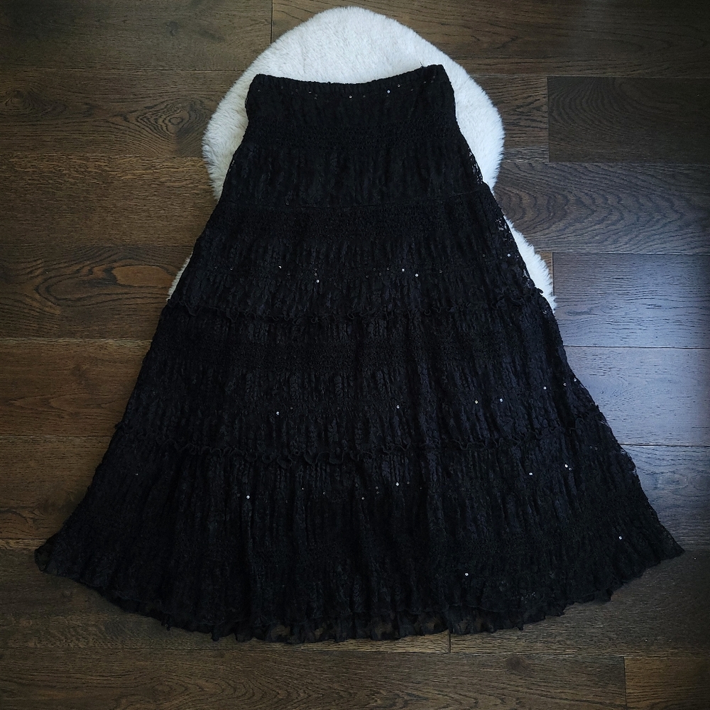 Vintage Joseph Ribkoff Witchycore Punk Goth Tiered Lace Sequin Maxi Skirt